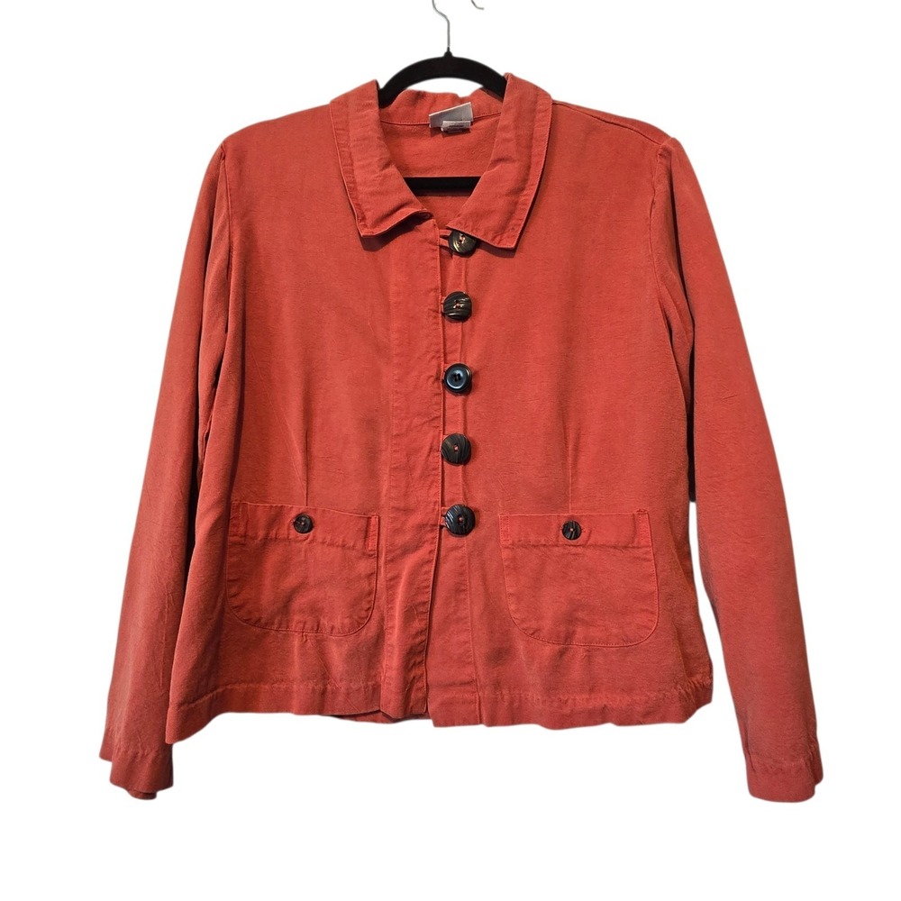Habitat Boxy Jacket Women SM Orange Tencel Pockets Button Lagenlook Artsy USA